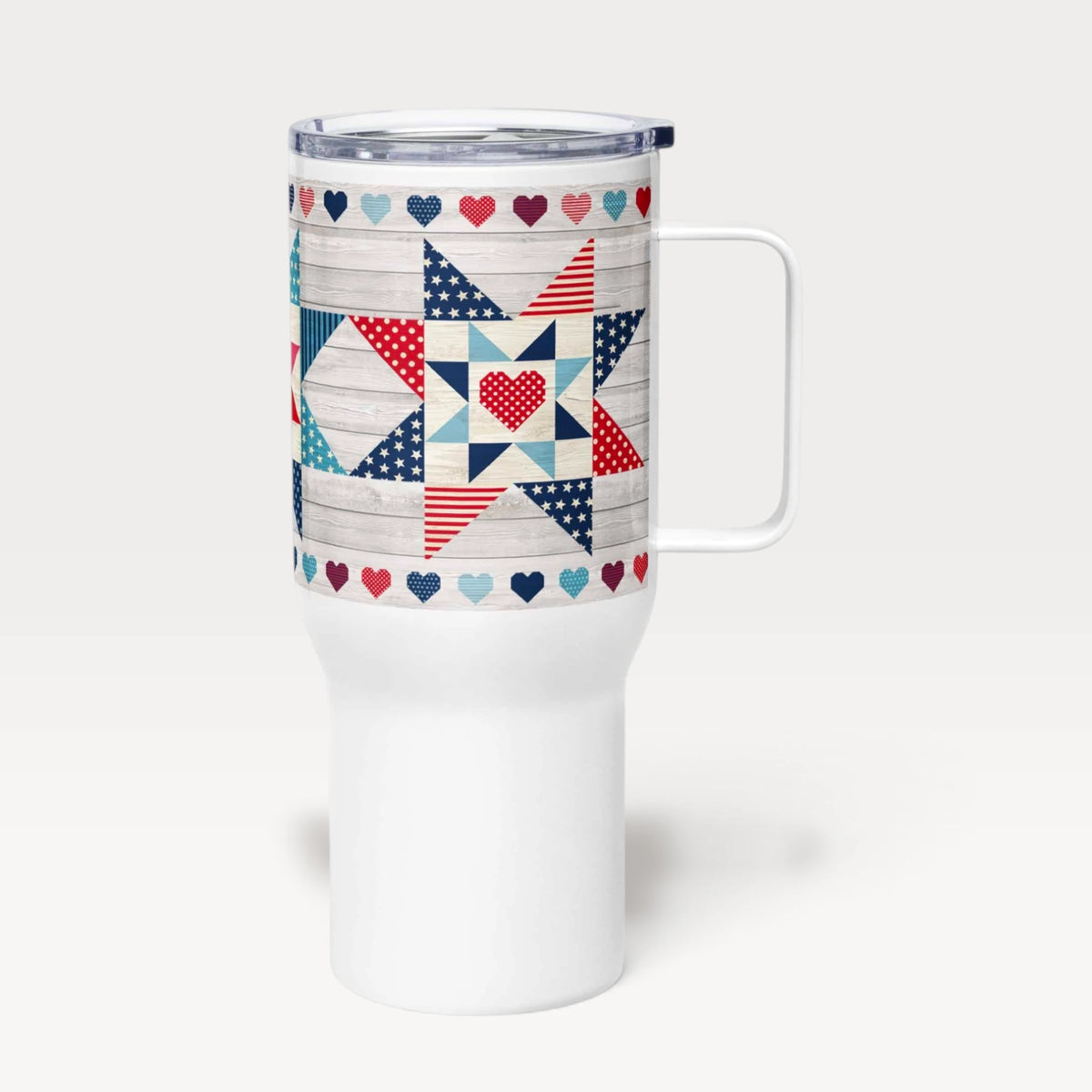 25 oz travel mug with handle, Liberty Love star quilt blocks and hearts, shown with lid – Kate Spain design for Pat Sloan