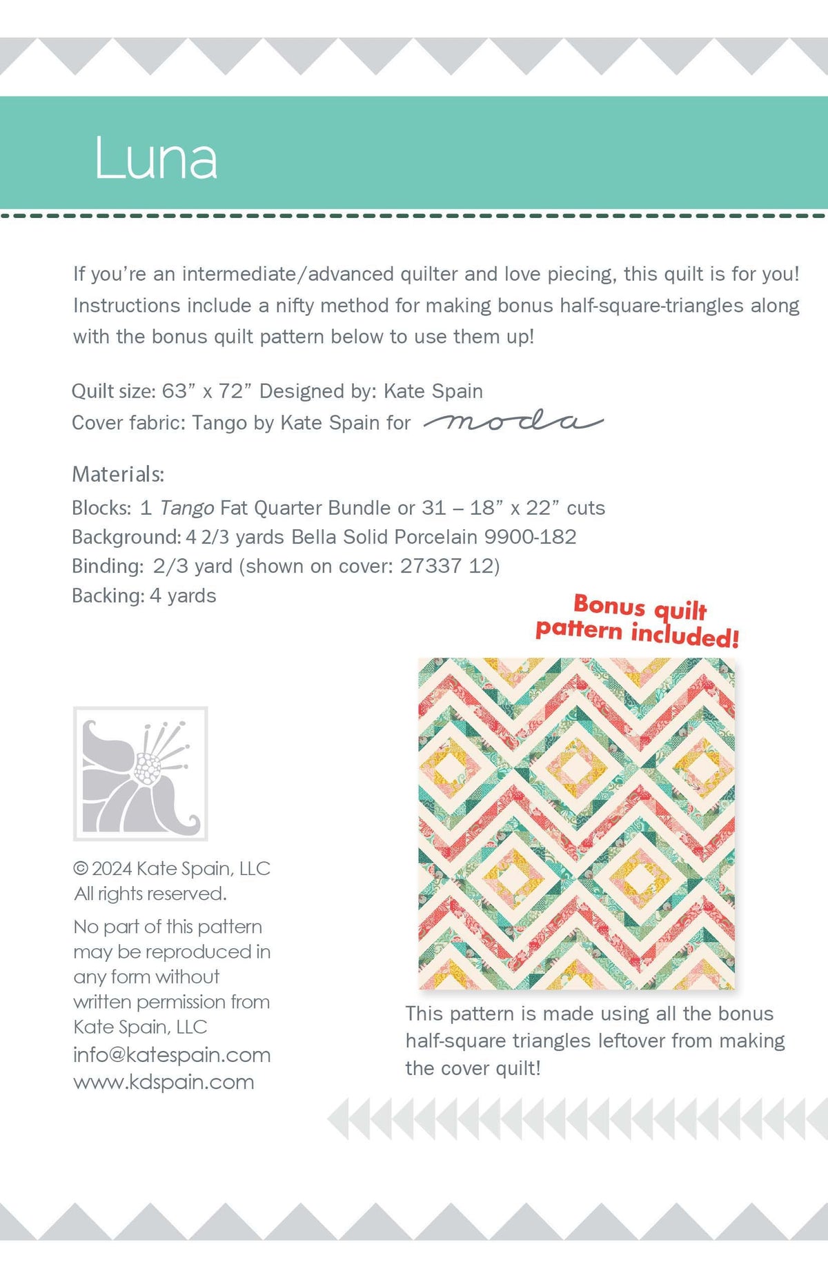 Luna quilt pattern - back cover with pattern details