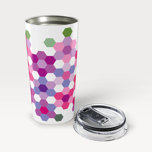 20 oz stainless steel tumbler wrapped in Pink GeoFlora hexagon flowers, shown with the lid off – Kate Spain design for Pat Sloan
