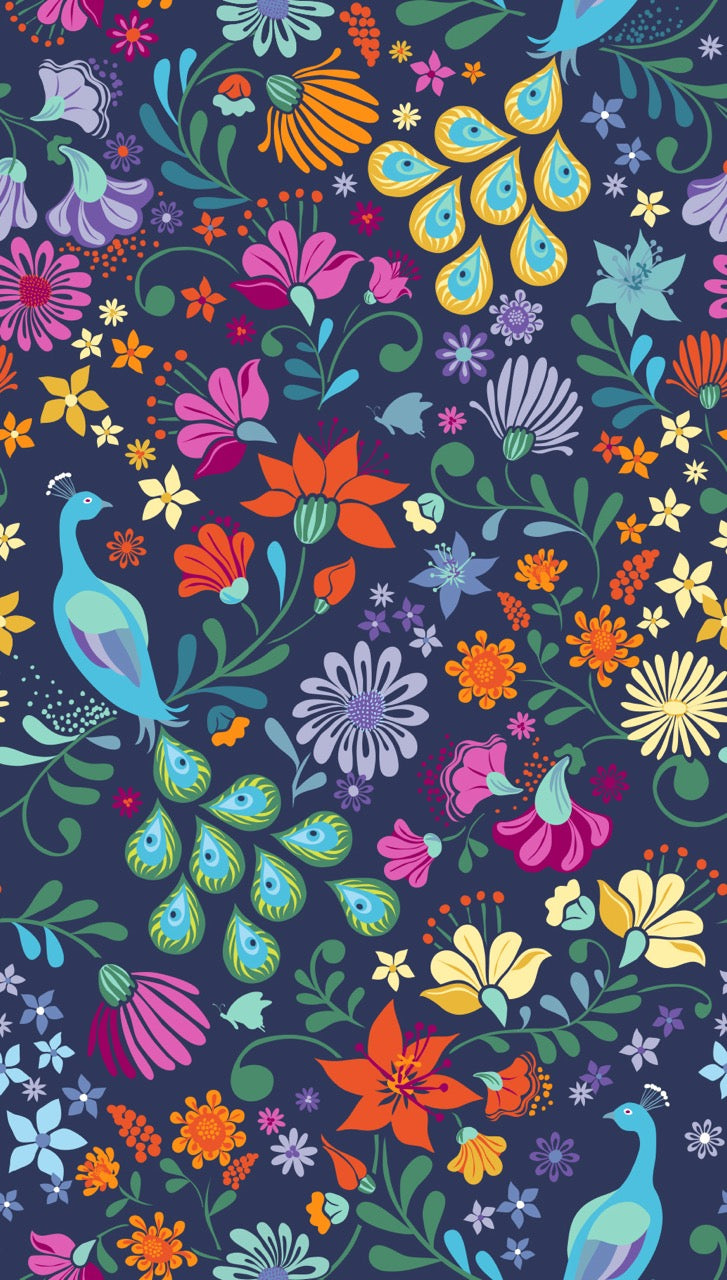 A vibrant seamless floral pattern featuring stylized peacocks, flowers, and leaves in bright colors on a deep navy blue background.