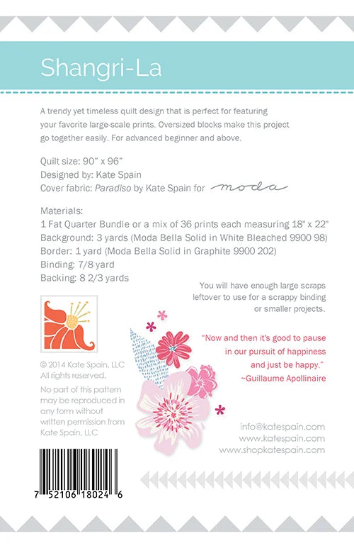 Shangri-La quilt pattern - back cover with pattern details