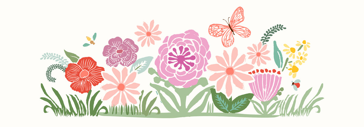 A colorful floral and butterfly border illustration on a white background, featuring pink, red, purple, yellow, and green flowers with leaves and grass.