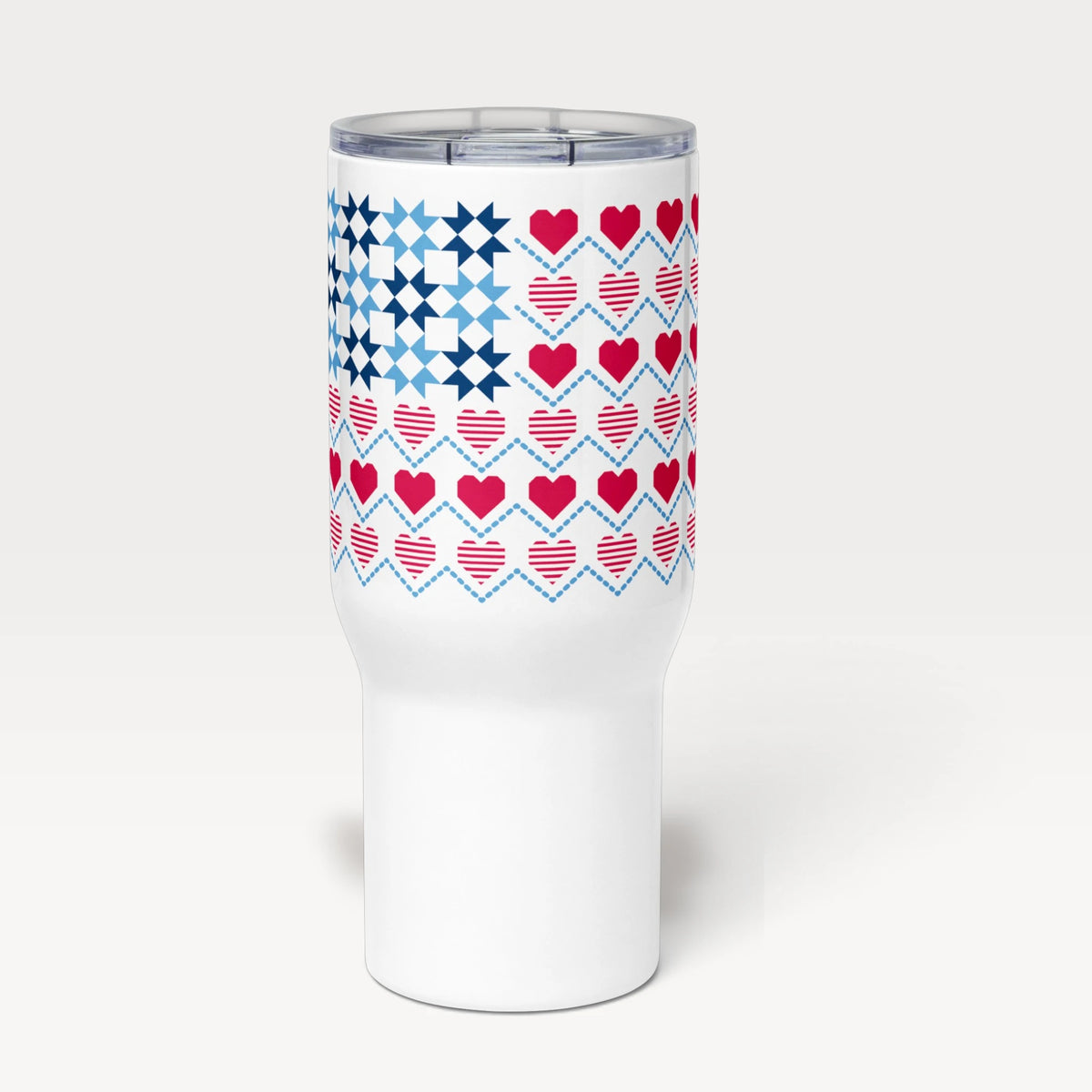 25 oz travel mug with handle, United We Quilt patchwork flag, shown with lid – Kate Spain design for Pat Sloan