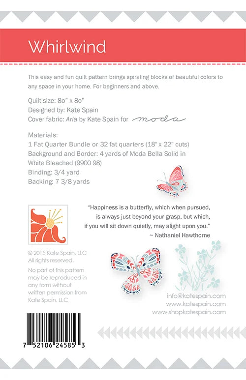 Whirlwind quilt pattern - back cover with pattern details