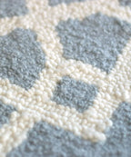 eye heart hand Atrium hand-tufted wool rug with a blue-grey and cream geometric lattice, close-up of the looped wool pile – Kate Spain design
