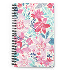 Bonaire Spiral Notebook in Capri, pink and blush tropical florals with teal and navy leaves on a cream cover, front view – Kate Spain design
