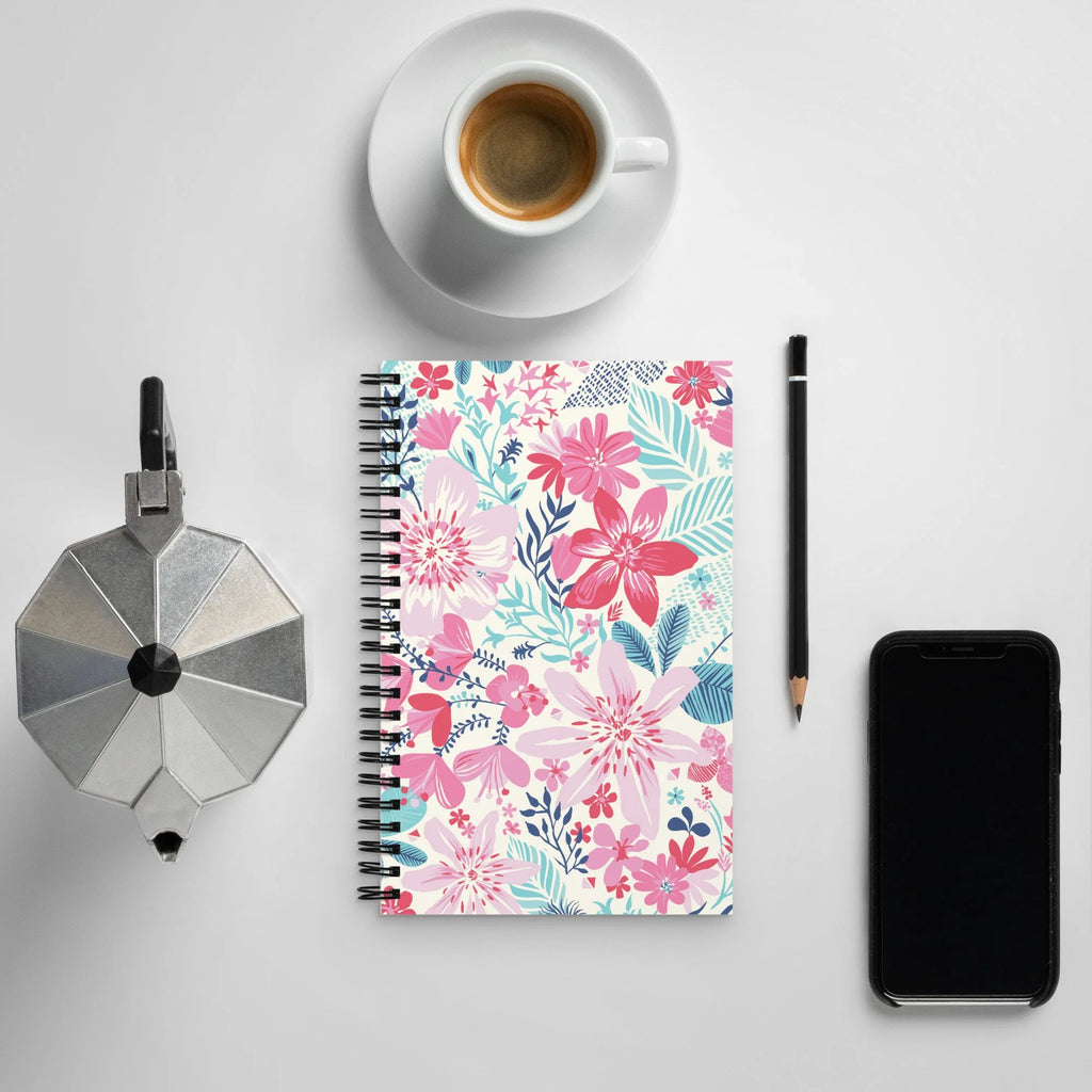 Bonaire Spiral Notebook in Capri on a desk with an espresso cup, pencil and phone – Kate Spain design