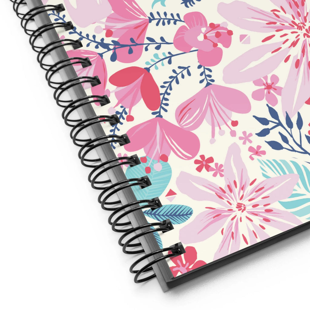 Bonaire Spiral Notebook in Capri, close-up of the black wire-o binding and cream floral cover – Kate Spain design