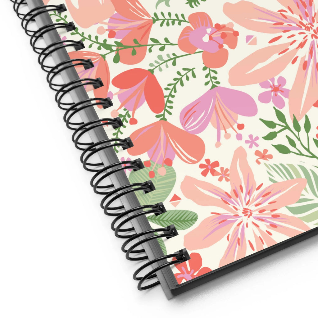 Bonaire Spiral Notebook in Coral, close-up of the black wire-o binding and cream floral cover – Kate Spain design