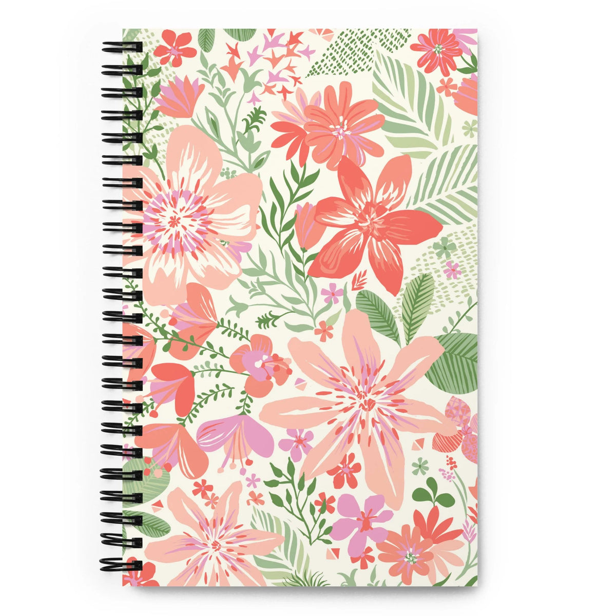Bonaire Spiral Notebook in Coral, peach, coral and orchid tropical florals with green leaves on a cream cover, front view – Kate Spain design