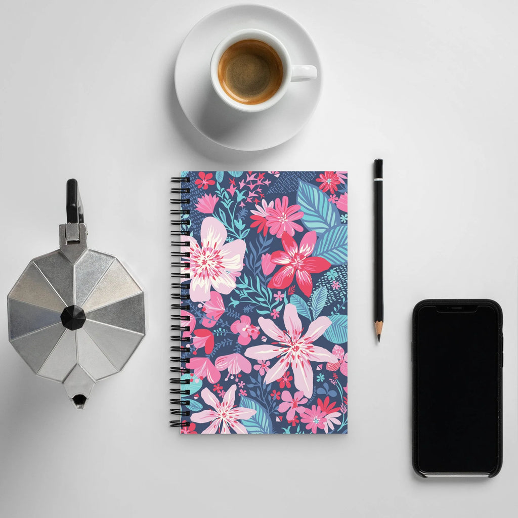 Bonaire Spiral Notebook in Lagoon on a desk with an espresso cup, pencil and phone – Kate Spain design
