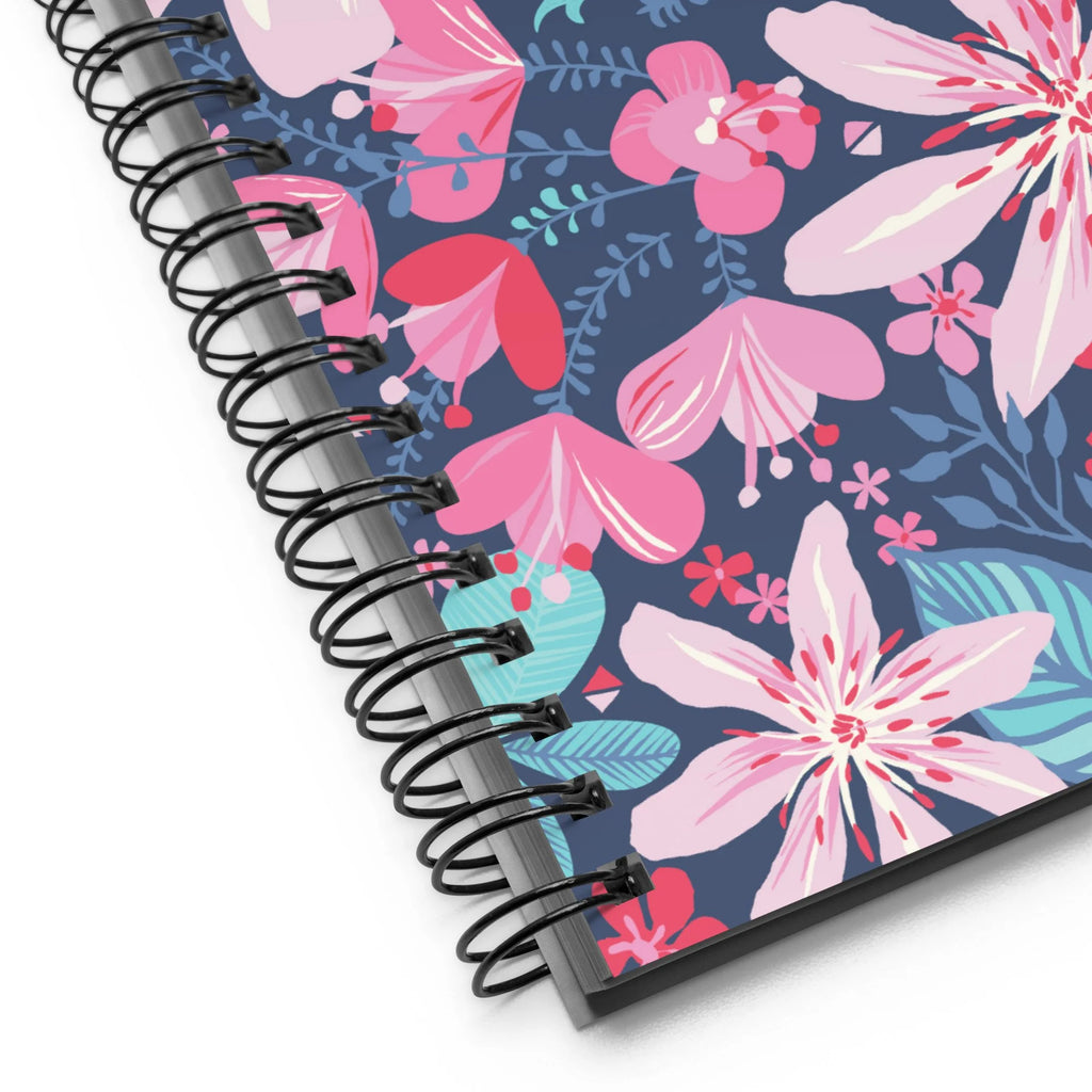 Bonaire Spiral Notebook in Lagoon, close-up of the black wire-o binding and navy floral cover – Kate Spain design