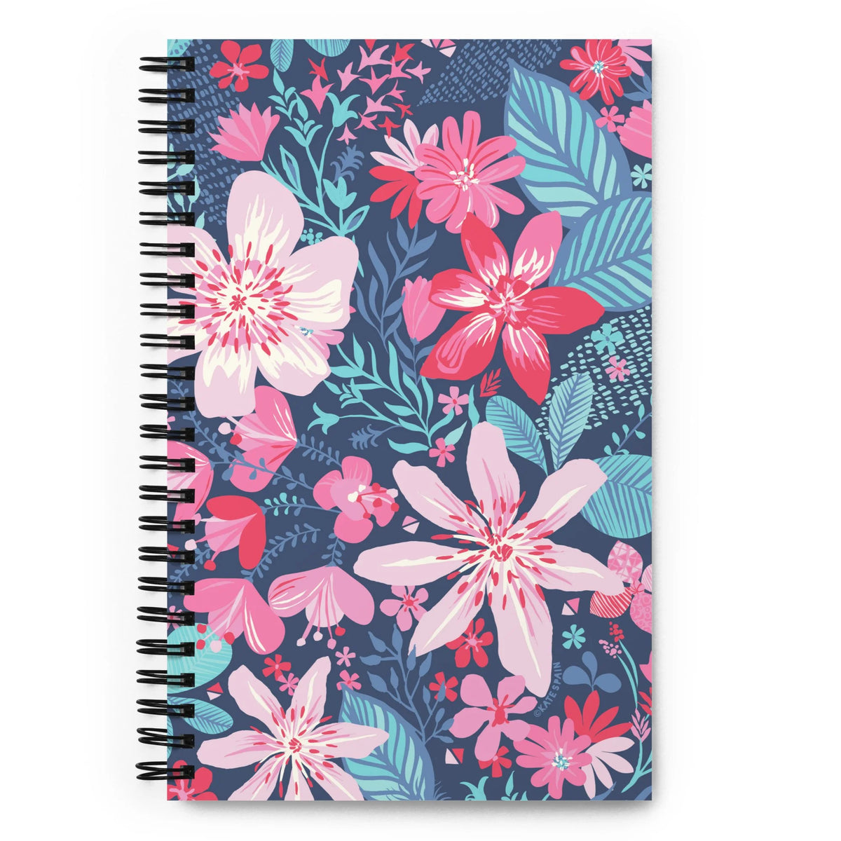 Bonaire Spiral Notebook in Lagoon, pink and blush tropical florals with aqua leaves on a navy cover, front view – Kate Spain design