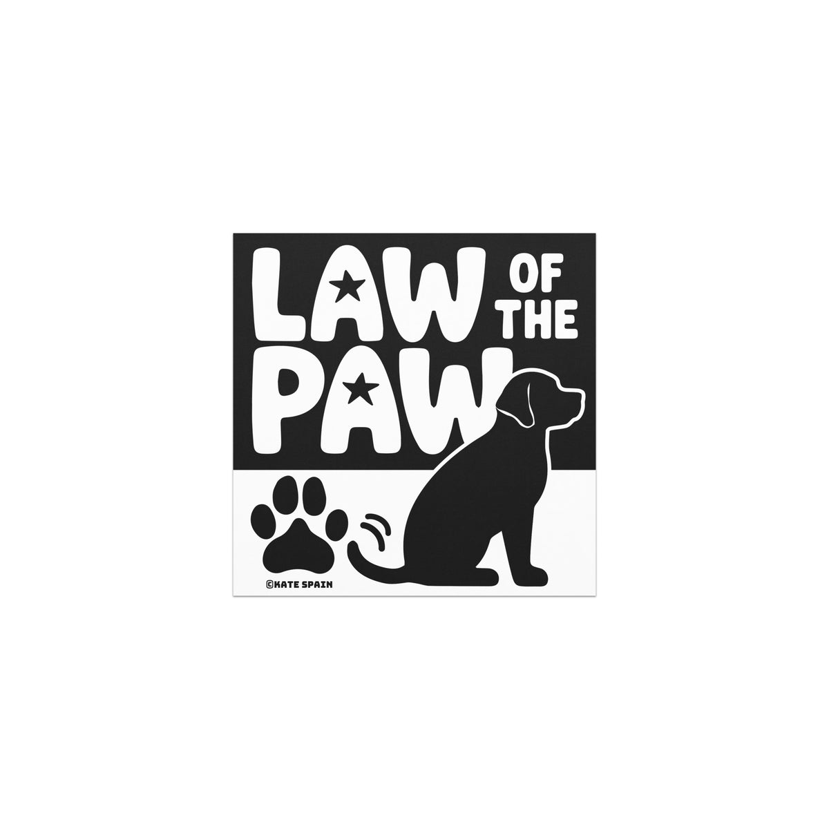 Law of the Paw® 5 x 5 inch car magnet with seated dog, wordmark and paw prints in black on white – Kate Spain design