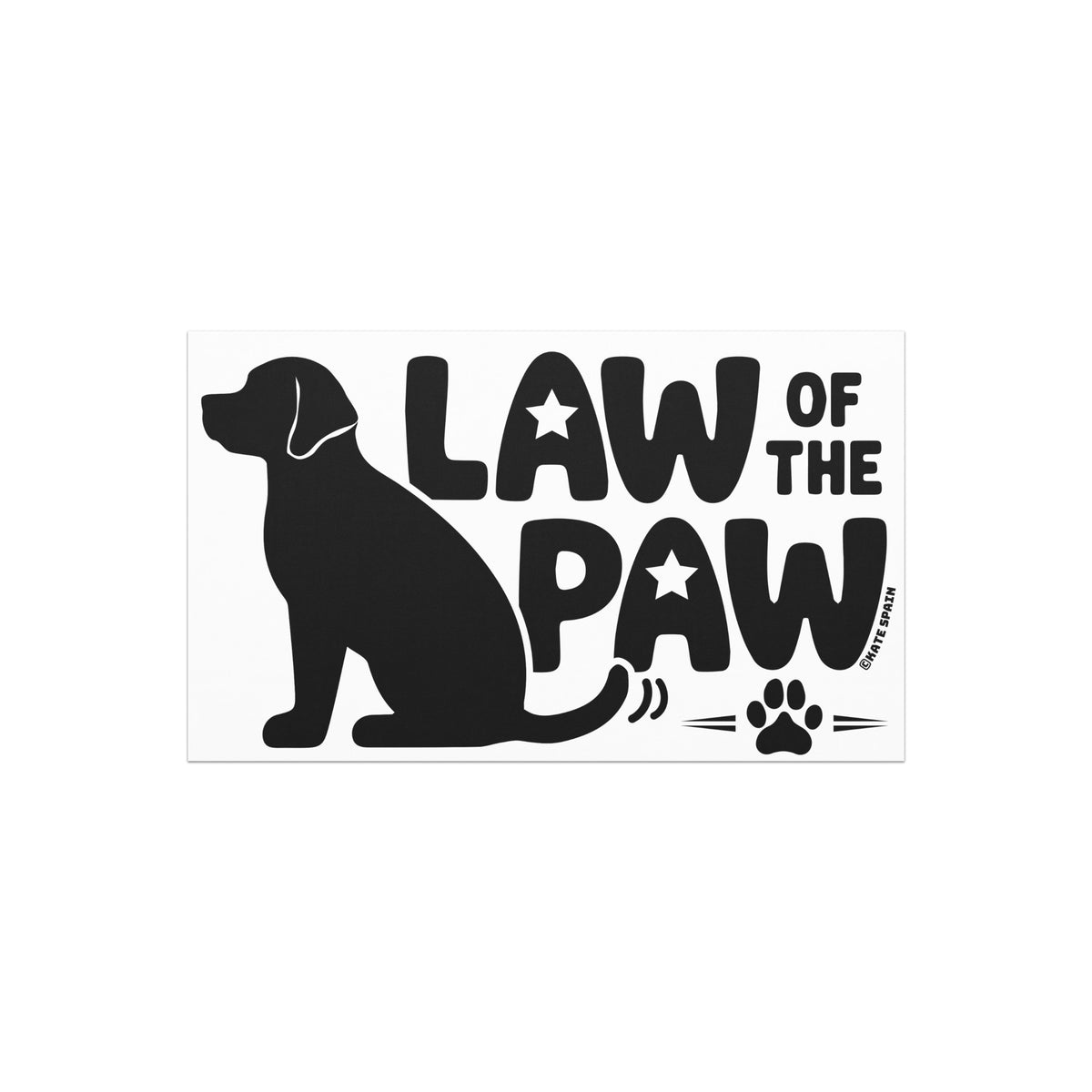 Law of the Paw® 7.5 x 4.5 inch car magnet with seated dog and wordmark in black on white – Kate Spain design