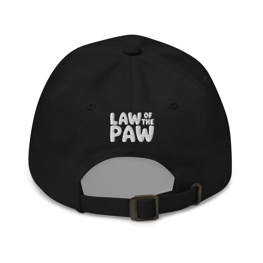 Law of the Paw® logo on the back of an embroidered baseball cap in black, back view – Kate Spain design