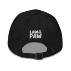 Law of the Paw® logo on the back of an embroidered baseball cap in black, back view – Kate Spain design