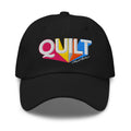 Colorful “QUILT” lettering embroidered baseball cap in black, front view – Kate Spain Moda Quilt design