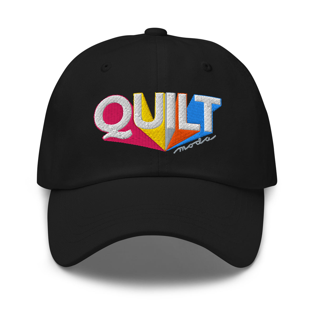 Colorful “QUILT” lettering embroidered baseball cap in black, front view – Kate Spain Moda Quilt design