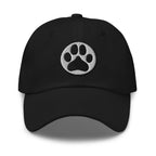 Law of the Paw® dog paw print embroidered baseball cap in black, front view – Kate Spain design