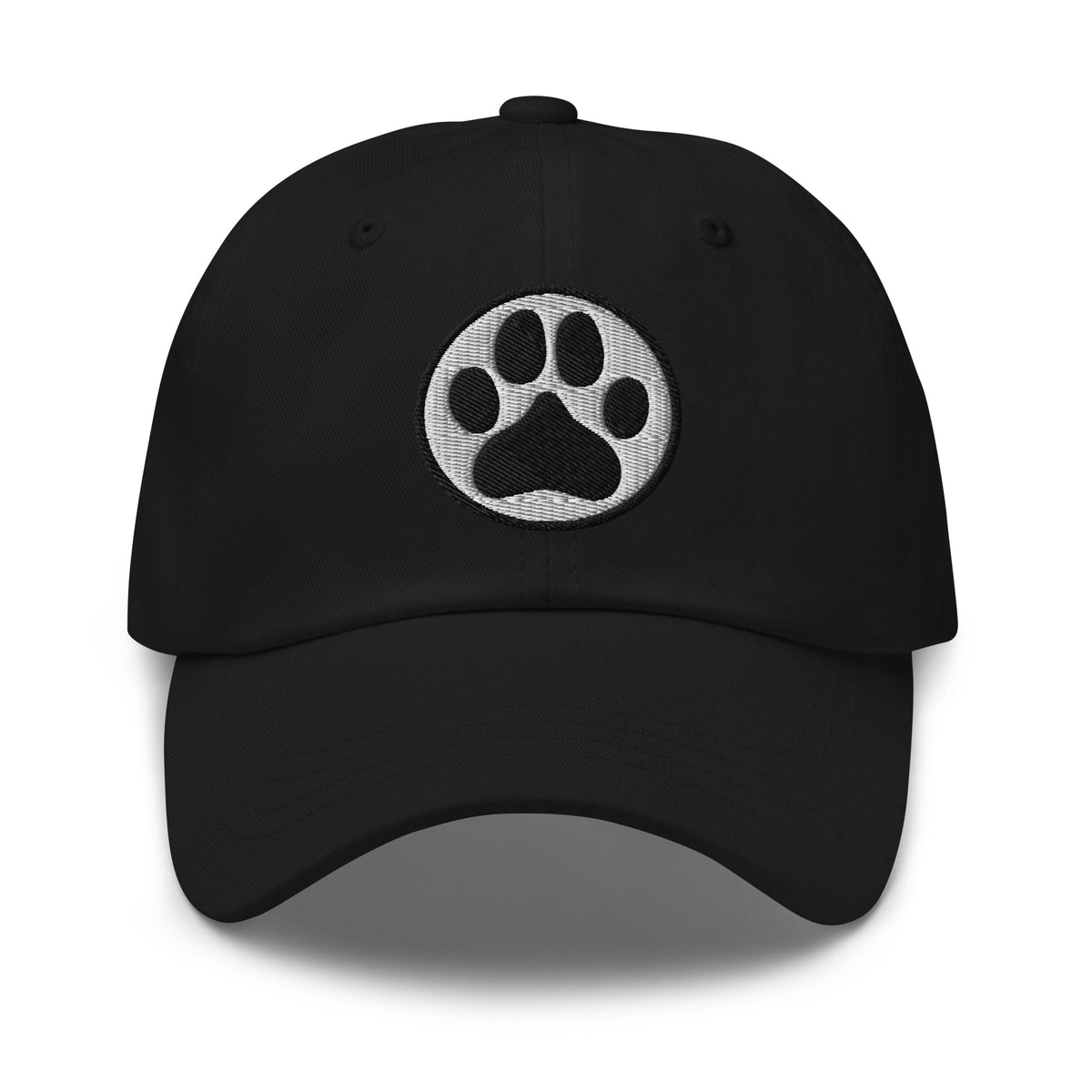 Law of the Paw® dog paw print embroidered baseball cap in black, front view – Kate Spain design