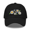 Dragonfly and white daisies embroidered baseball cap in black, front view – Kate Spain design