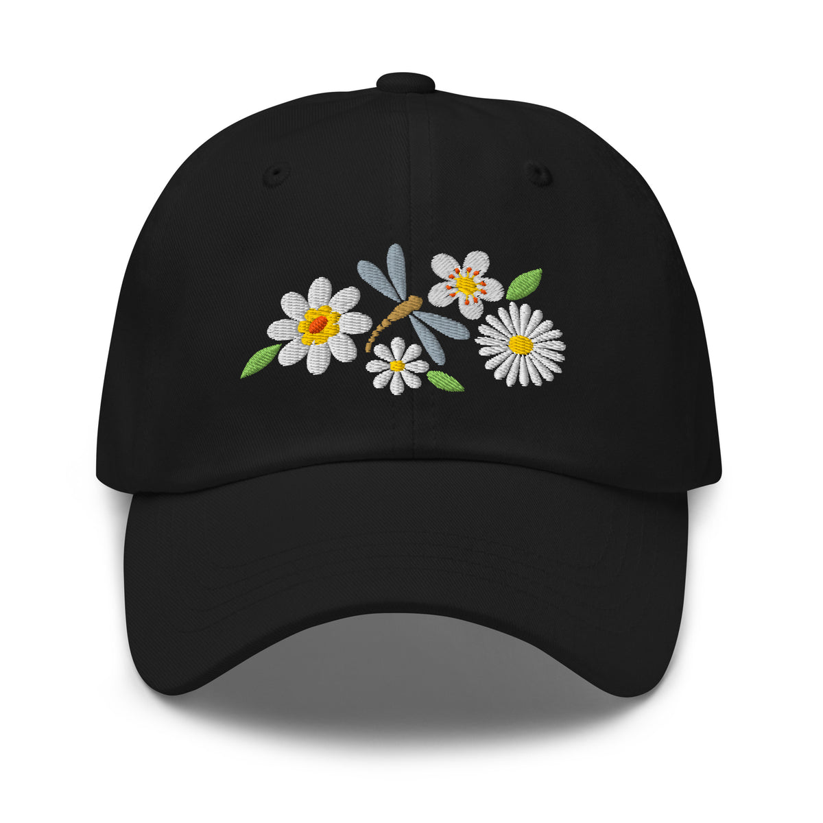 Dragonfly and white daisies embroidered baseball cap in black, front view – Kate Spain design
