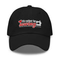 “I’d rather be sewing” heart and sewing machine embroidered baseball cap in black, front view – Kate Spain design