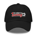 “I’d rather be sewing” heart and sewing machine embroidered baseball cap in black, front view – Kate Spain design