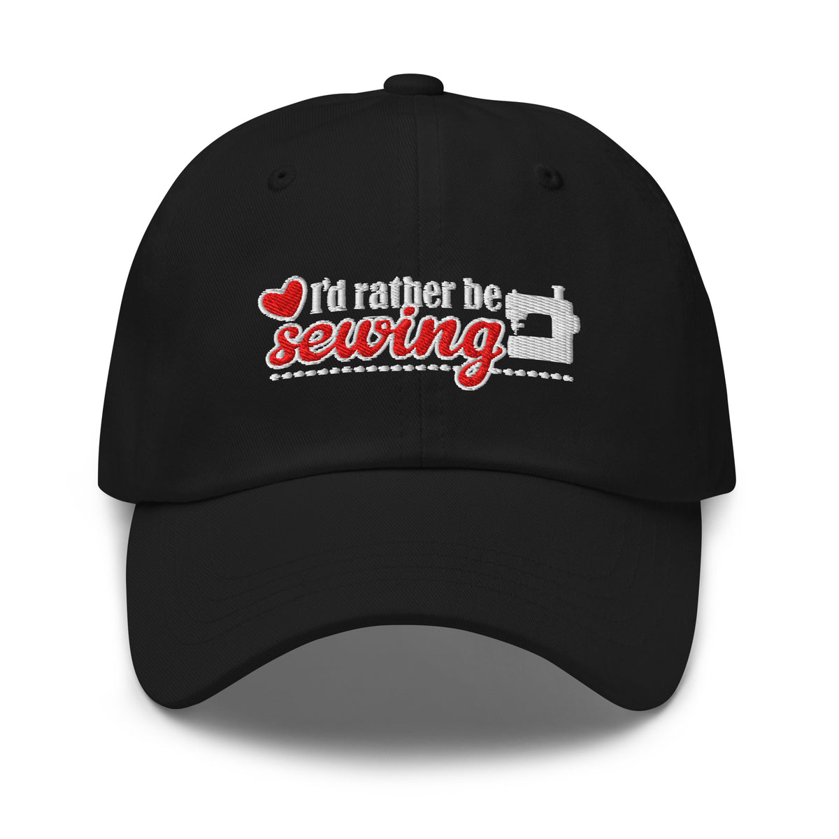 “I’d rather be sewing” heart and sewing machine embroidered baseball cap in black, front view – Kate Spain design