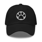 Law of the Paw® cat paw print embroidered baseball cap in black, front view – Kate Spain design