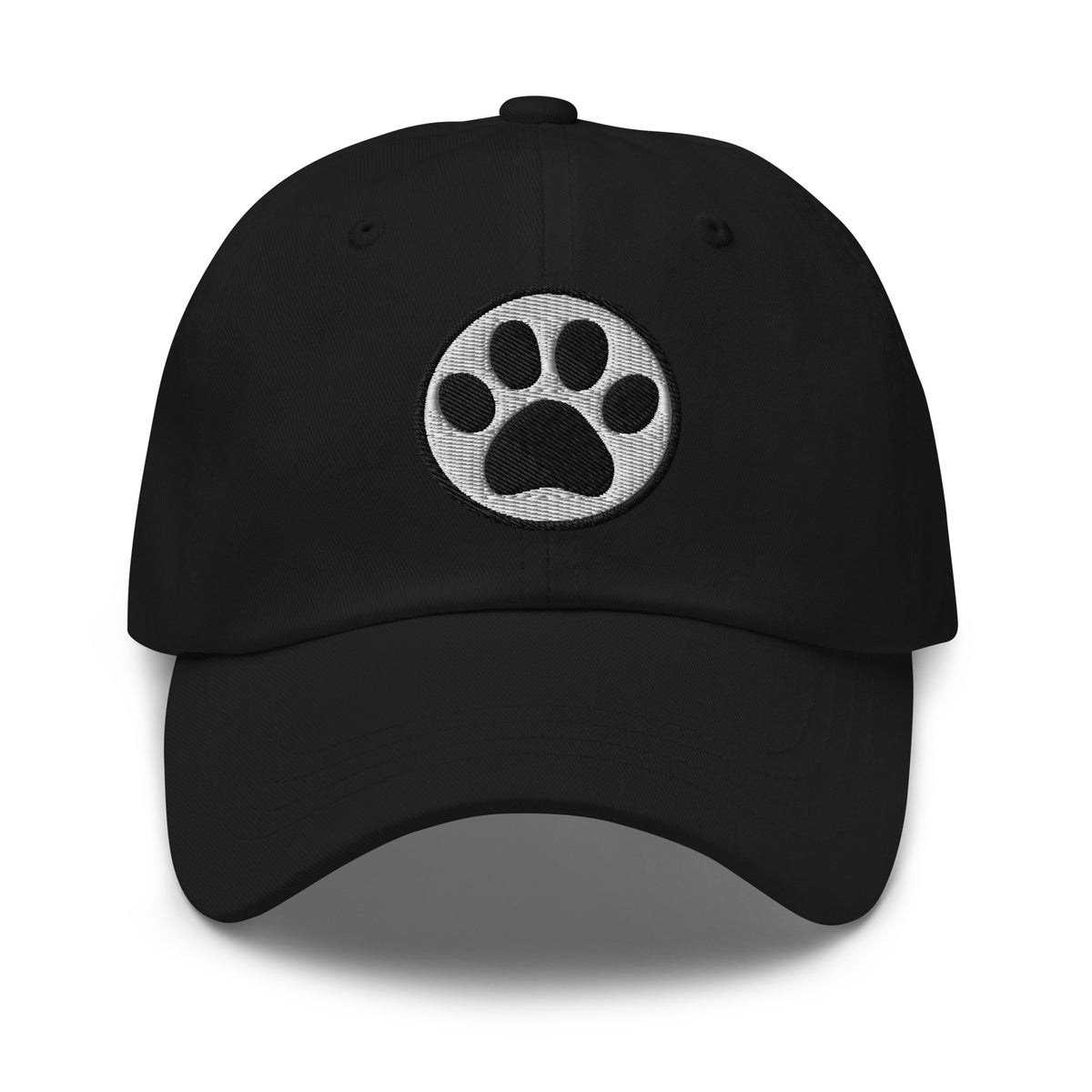 Law of the Paw® cat paw print embroidered baseball cap in black, front view – Kate Spain design