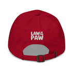 Law of the Paw® dog paw print embroidered baseball cap in cardinal red, back view with Law of the Paw logo – Kate Spain design