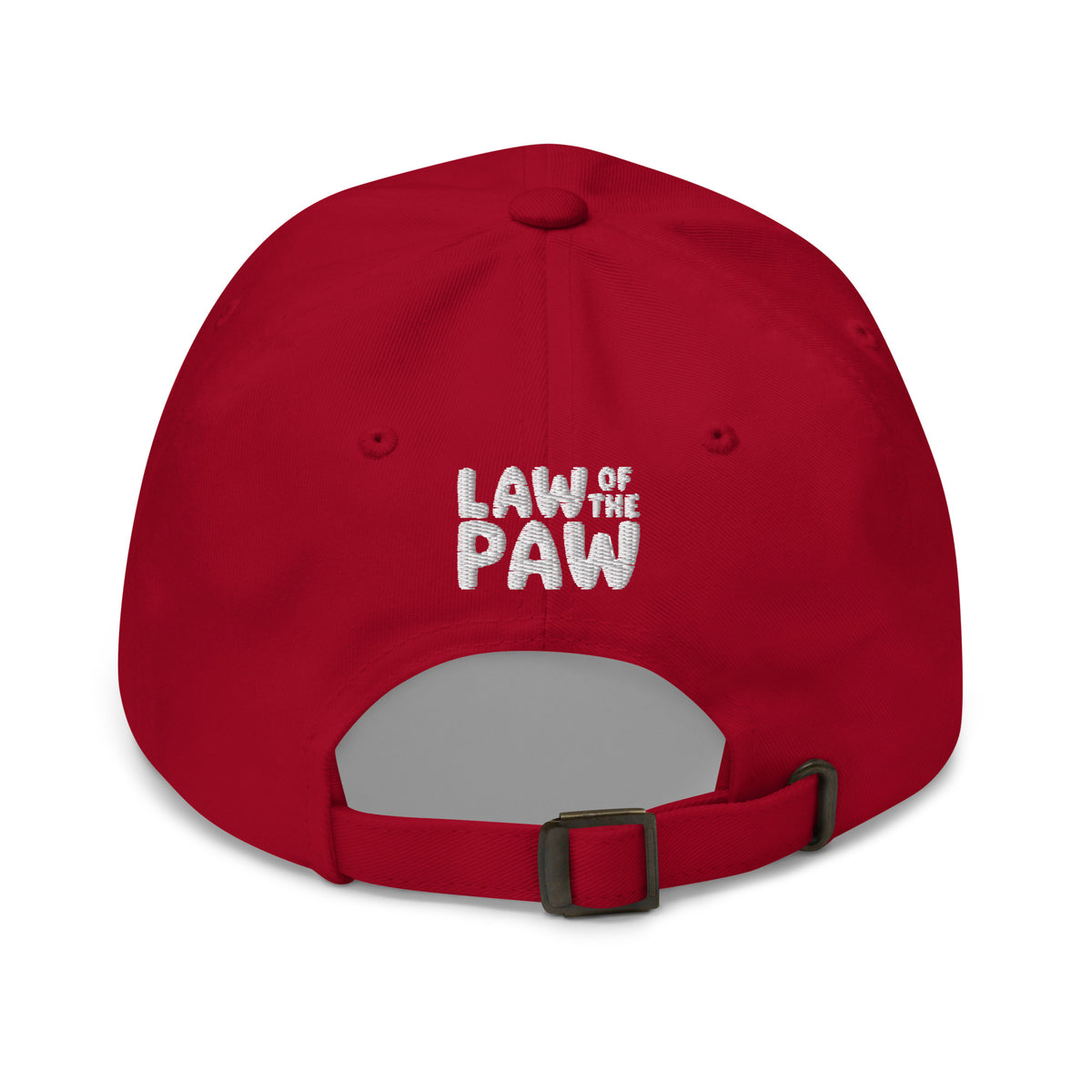 Law of the Paw® logo on the back of an embroidered baseball cap in cardinal red, back view – Kate Spain design