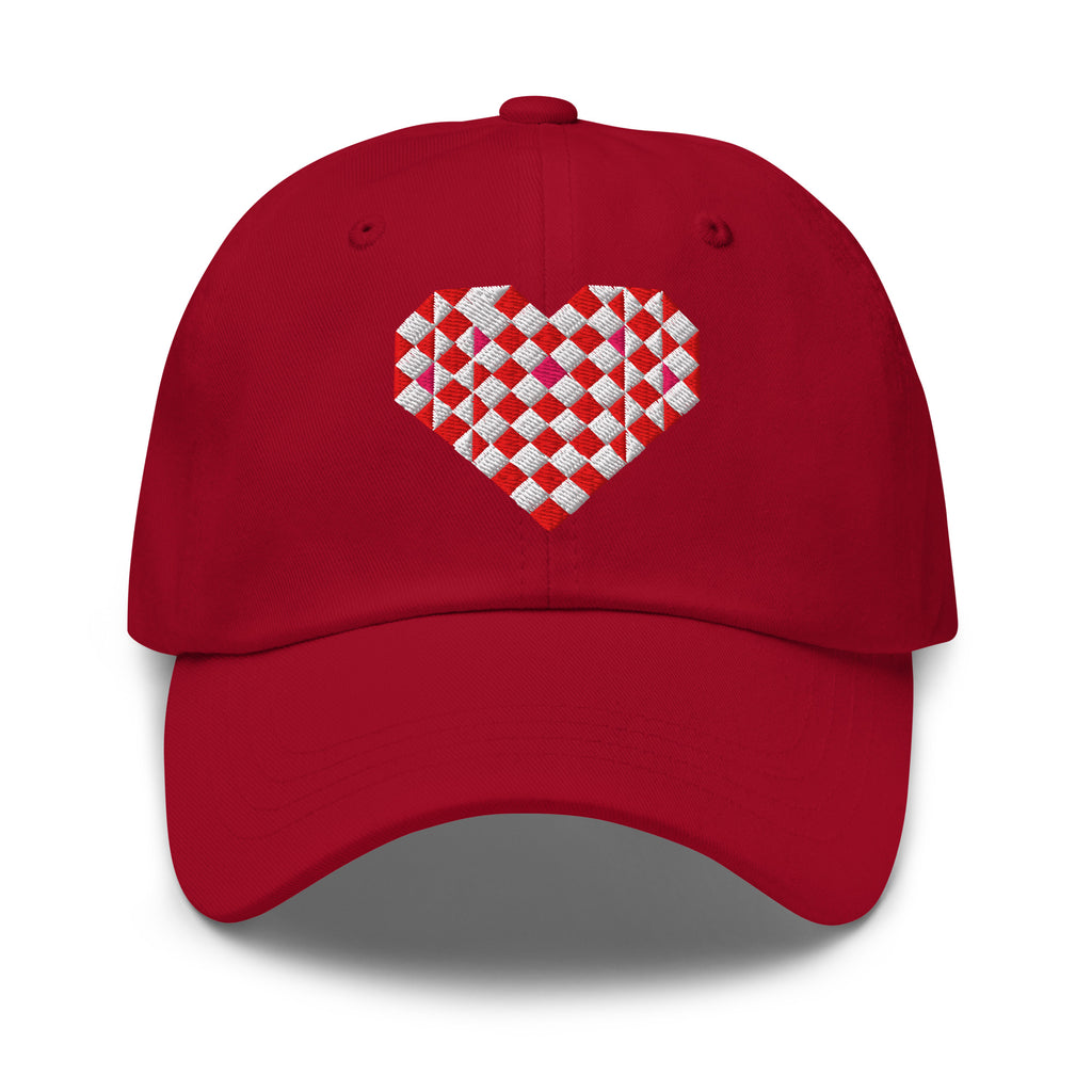 Quilted heart embroidered baseball cap in cranberry red, front view – Kate Spain design
