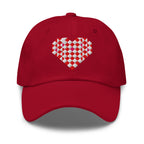 Quilted heart embroidered baseball cap in cranberry red, front view – Kate Spain design