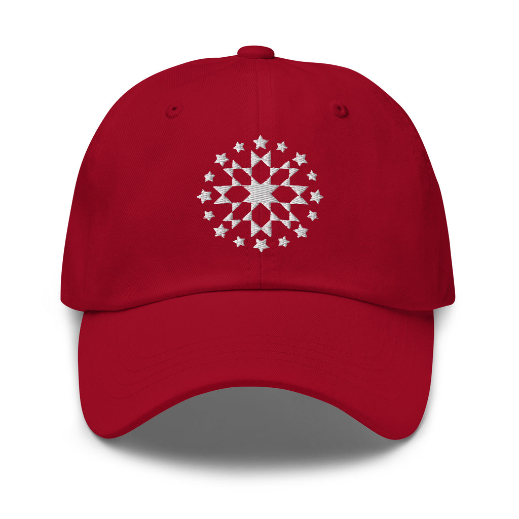 White starburst fireworks embroidered baseball cap in red, front view – Kate Spain design