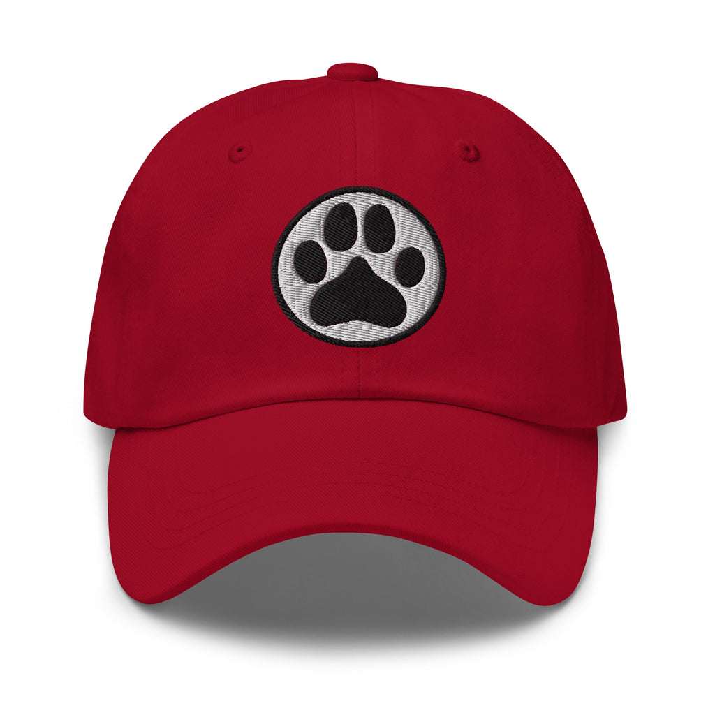 Law of the Paw® dog paw print embroidered baseball cap in cardinal red, front view – Kate Spain design