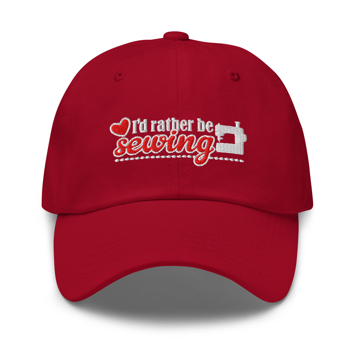 “I’d rather be sewing” heart and sewing machine embroidered baseball cap in cardinal red, front view – Kate Spain design