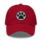 Law of the Paw® cat paw print embroidered baseball cap in cardinal red, front view – Kate Spain design