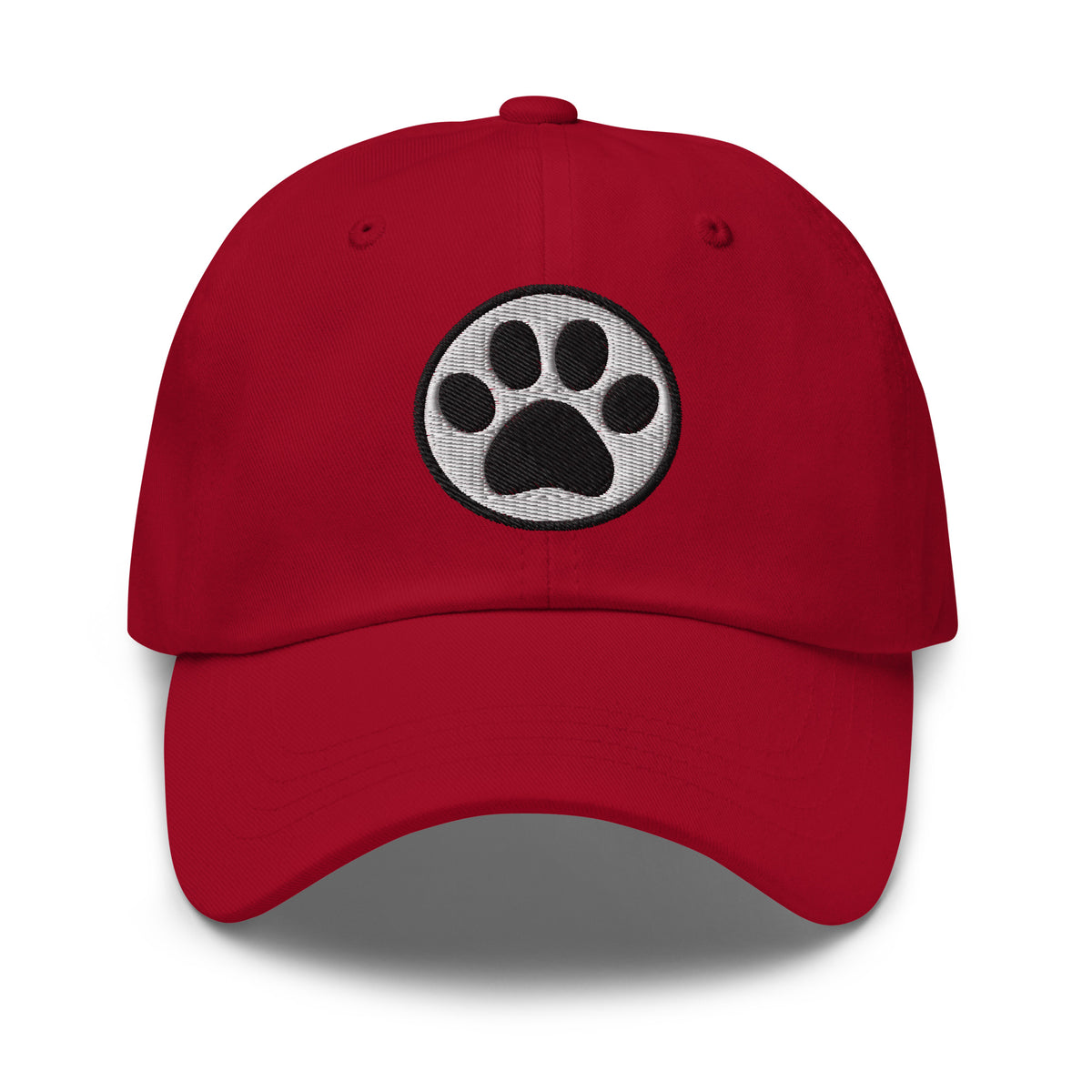 Law of the Paw® cat paw print embroidered baseball cap in cardinal red, front view – Kate Spain design