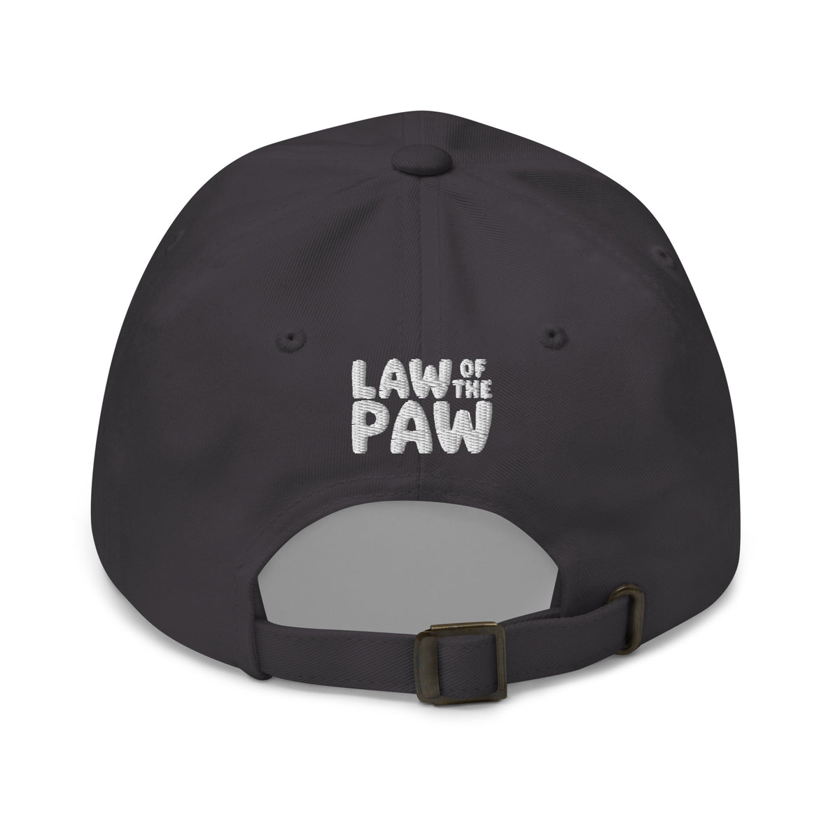 Law of the Paw® logo on the back of an embroidered baseball cap in grey, back view – Kate Spain design