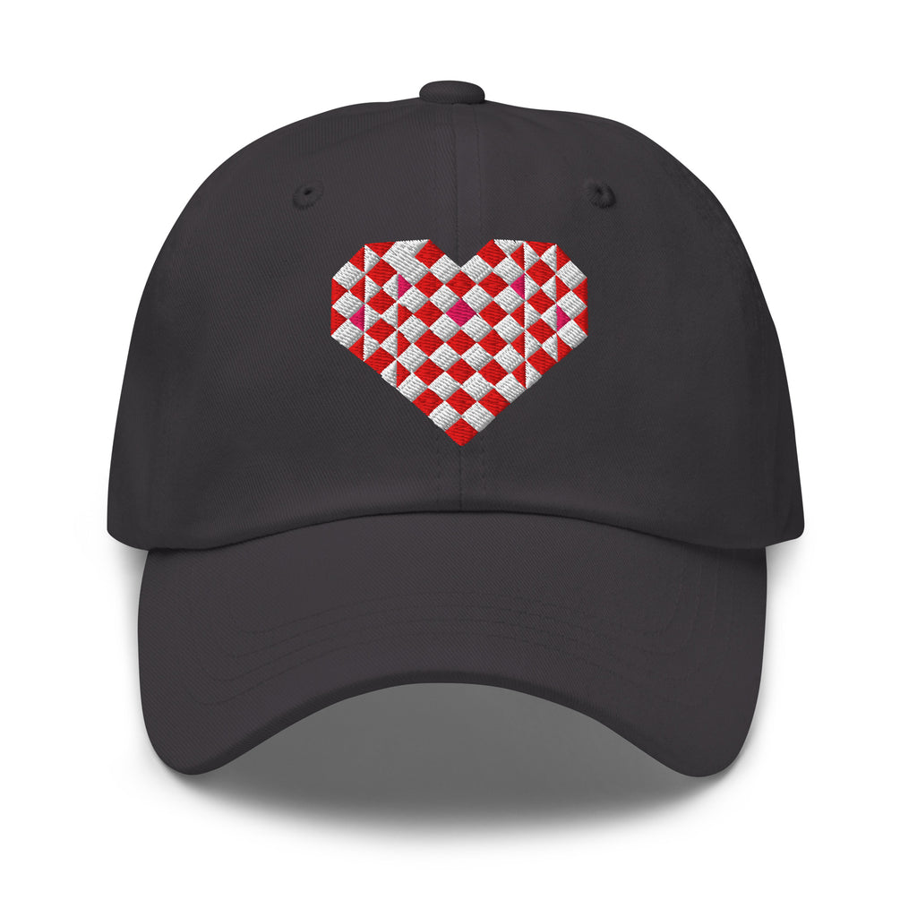 Quilted heart embroidered baseball cap in dark grey, front view – Kate Spain design