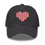Quilted heart embroidered baseball cap in dark grey, front view – Kate Spain design