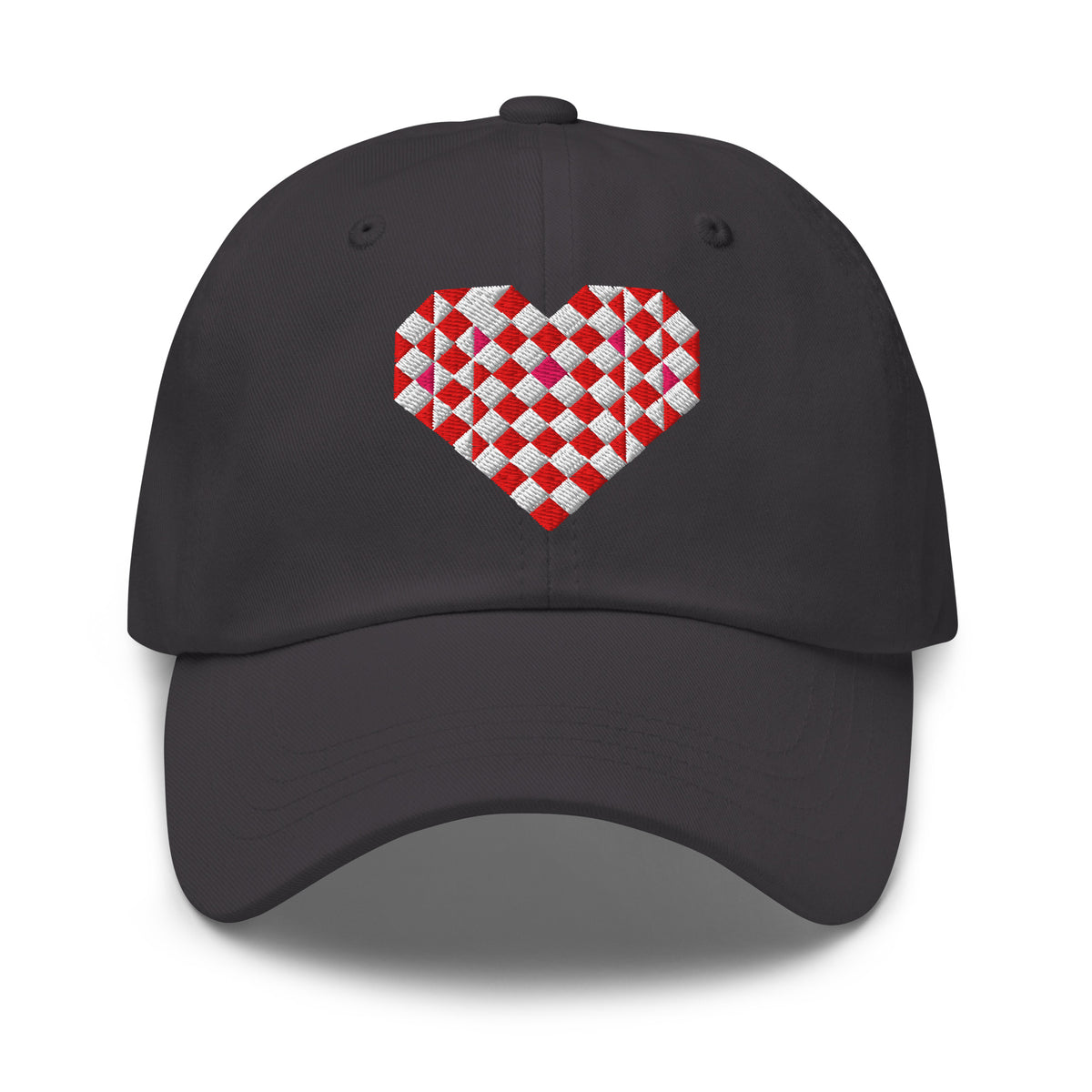 Quilted heart embroidered baseball cap in dark grey, front view – Kate Spain design