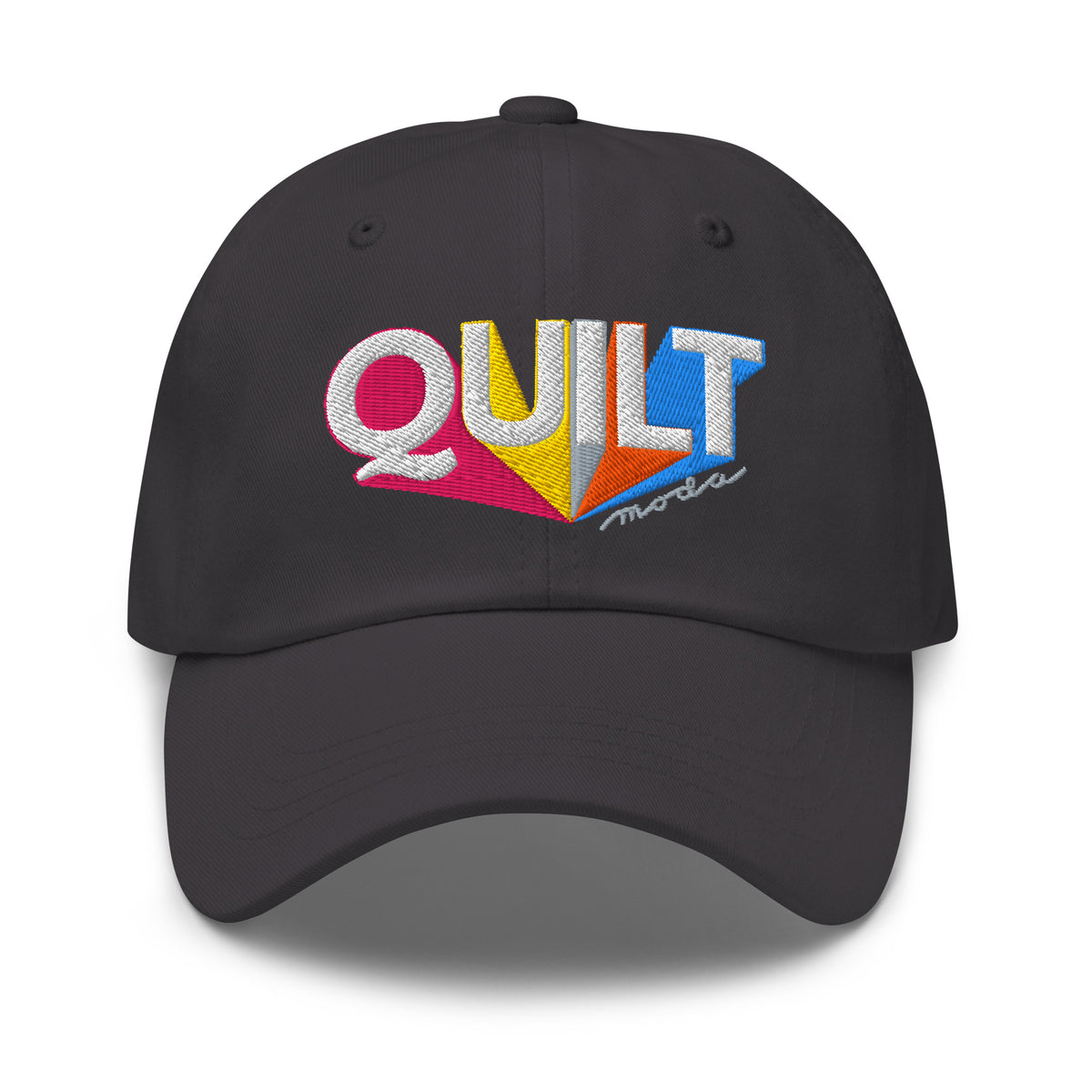 Colorful “QUILT” lettering embroidered baseball cap in charcoal grey, front view – Kate Spain Moda Quilt design