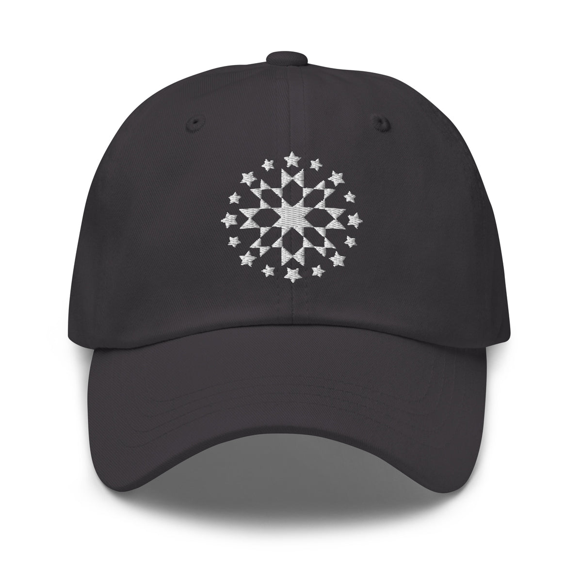 White starburst fireworks embroidered baseball cap in gray, front view – Kate Spain design