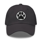 Law of the Paw® dog paw print embroidered baseball cap in grey, front view – Kate Spain design