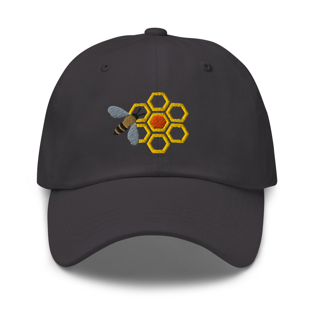 Honey bee and golden honeycomb embroidered baseball cap in dark grey, front view – Kate Spain design