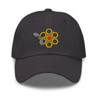 Honey bee and golden honeycomb embroidered baseball cap in dark grey, front view – Kate Spain design